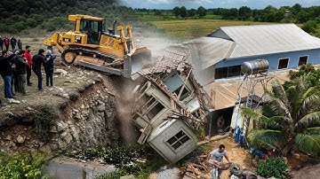 Road Construction Excavator on the Brink Clearing the road and pouring soil for the road Push House