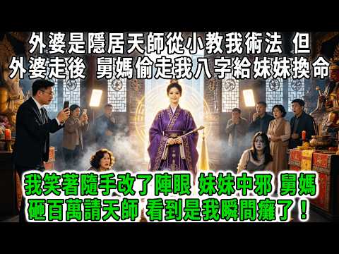 外婆是當今最強天師卻隱居山村，從小被疼愛的我自然繼承她的術法，外婆走後舅媽將我趕到豬圈。還偷我生辰八字給表妹換命，我反手改了陣眼表妹中邪，舅媽砸百萬去道觀請天師，看到穿著紫袍的我癱了#荷上清風 #爽文
