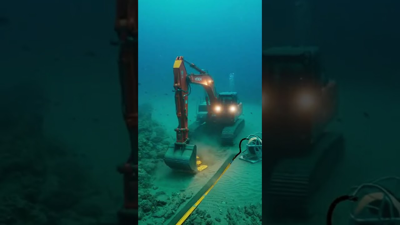 Экскаватор работает в воде, роет ямы для прокладки водопроводных труб и кабелей. 