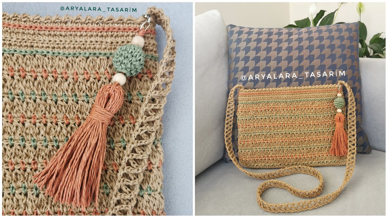 Aryalara Tasarım İmzalı Kağıt İpten Clutch ve Çapraz çanta bir arada #crochetbag #hasırçanta