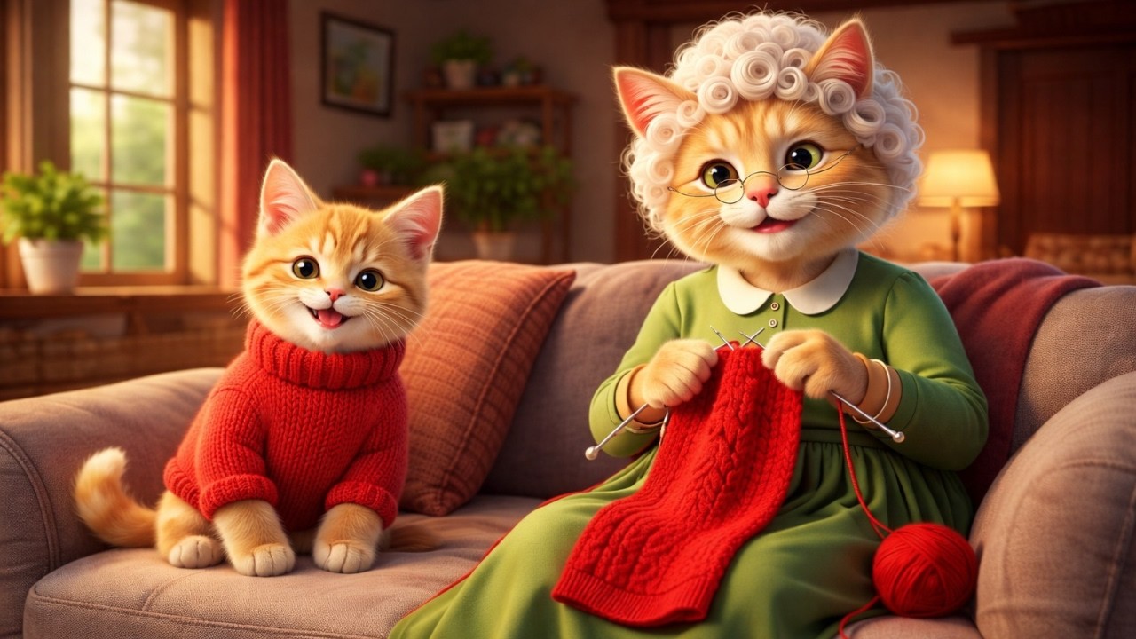 Grandma Cat Knits a Red Sweater for Her Little Ginger Kitten  🐱❤️|  A Heartwarming Kitten Family 🐱💛