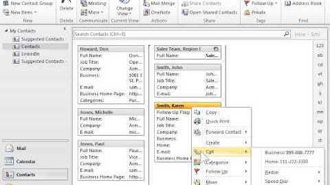 Outlook 2010 Call a Person in the Contacts List