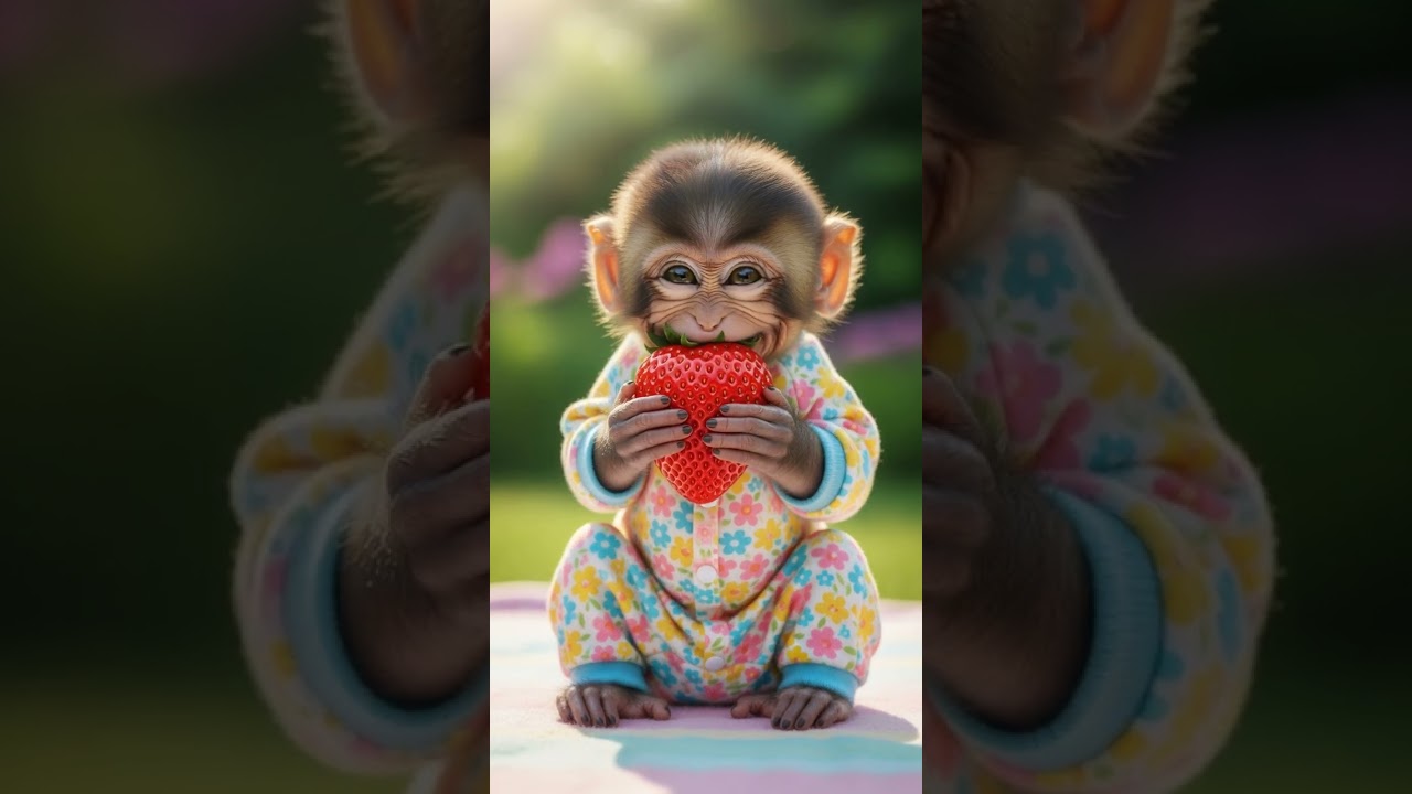 Adorable Tiny Baby Monkey Eating a Strawberry Watch This Cute Moment