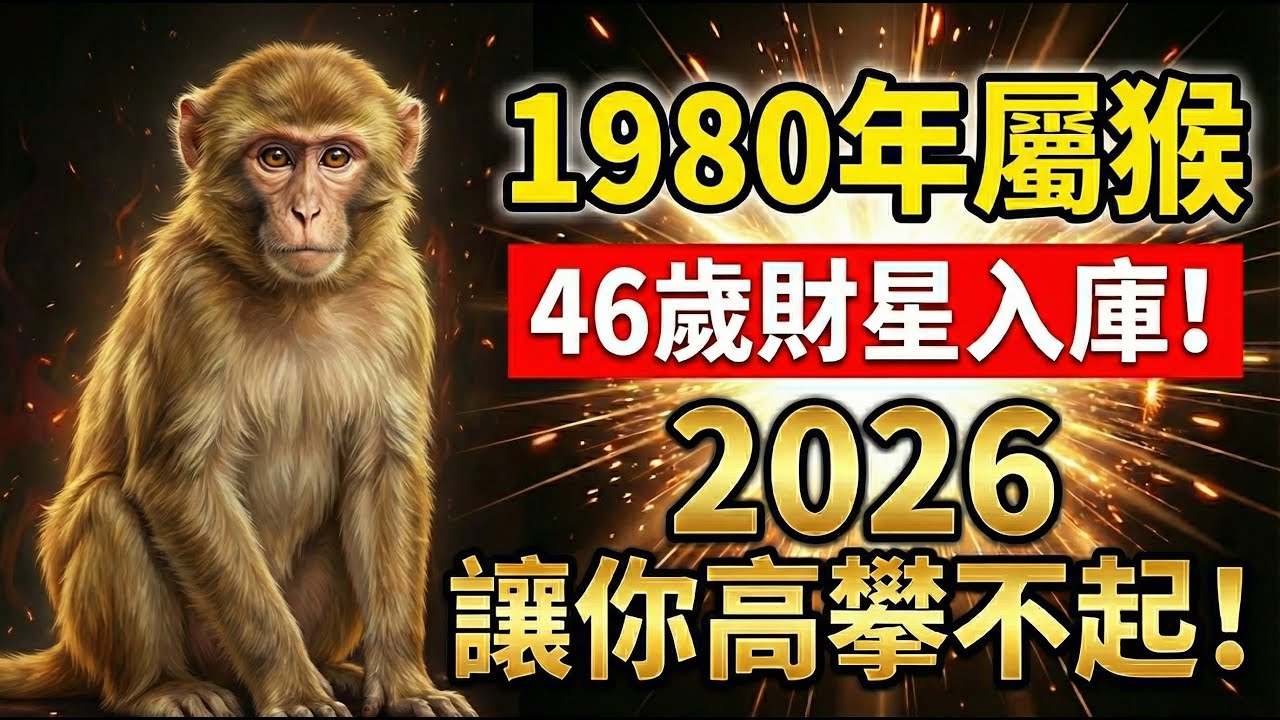 1980年屬猴人，金猴之命！2026年46歲「財星」入庫，以前看不起你的人，以後高攀不起！#1980年屬猴 #屬猴運勢 #2026年生肖猴運勢 #生肖猴運勢 #財運 #偏財 #1980年猴 #庚申猴