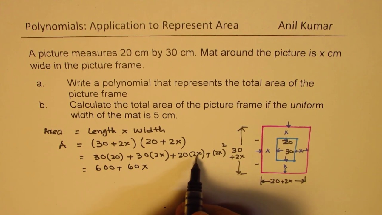 Polynomial Expression for Area of Picture Frame with Uniform Mat YouTube