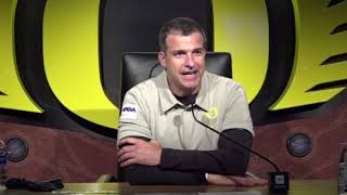 Oregon head coach Mario Cristobal speaks after Ducks beat Stanford 35-14
