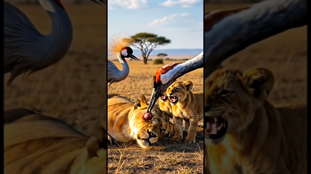 “A Crane’s Miracle: Healing a Lion’s Tumor in Front of Its Babies 😢🦁”