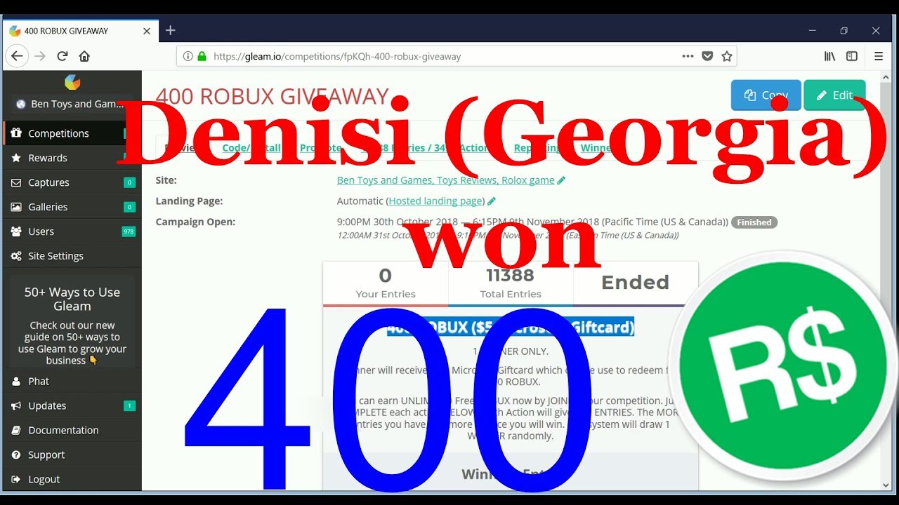 400 Robux Winner Denisi From Georgia Congratulation Free Robux Giveaway Youtube - 400 robux winner announcement who wins 400 robux for the first competition