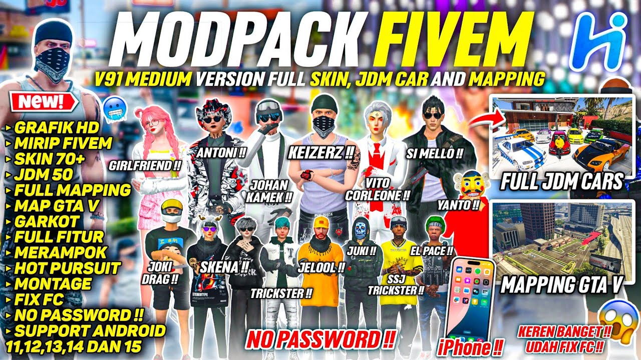 SHARE‼️GTA SA STYLE FIVEM V91 MEDIUM VERSION FULL SKIN, JDM CARS AND MAPPING 😱 - SUPPORT SEMUA HP !!