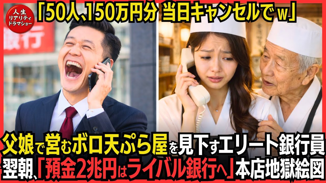 ｢50名150万円分の予約キャンセルw｣父と双子娘で営むボロ天ぷら屋でドタキャンし見下すエリート銀行員―翌日、とある重要人物「関係会社含み当社の2兆円分をライバル銀行へ移行｣地獄絵図#泣ける話 #感動