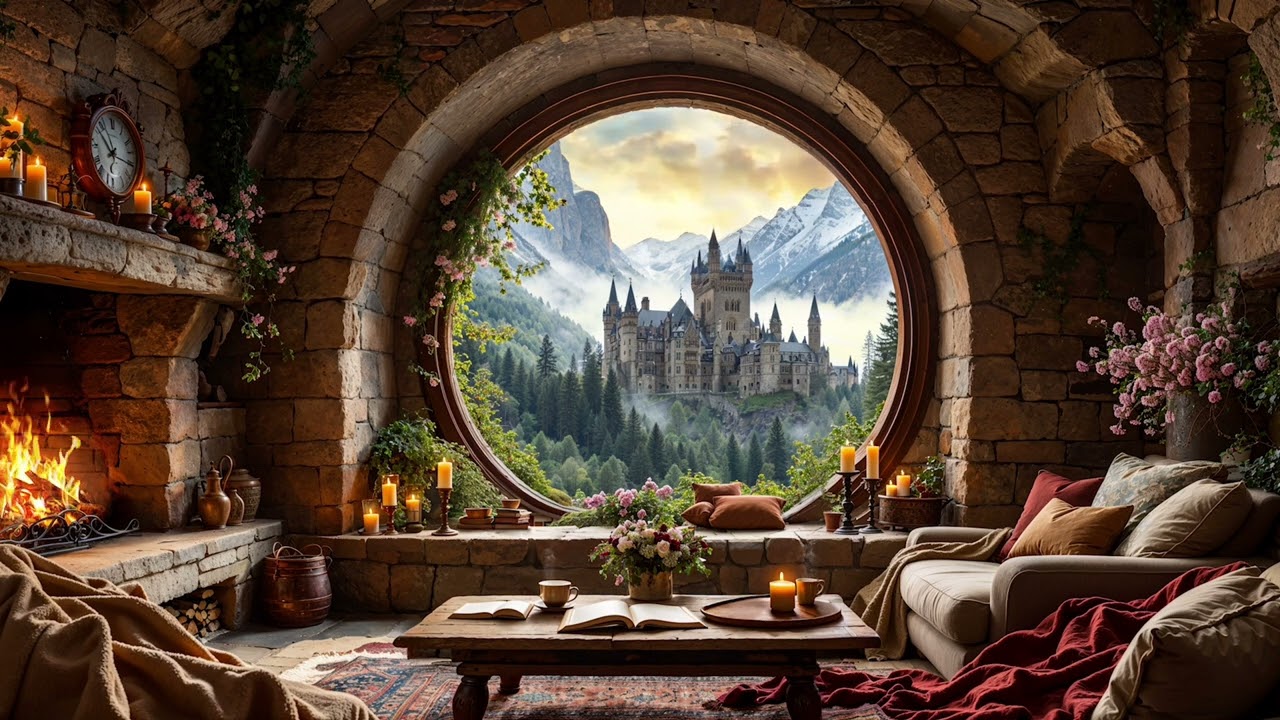 🏰 Fairytale Atmosphere with a Castle | Cozy Corner & Fireplace Sounds for Relaxation 🔥