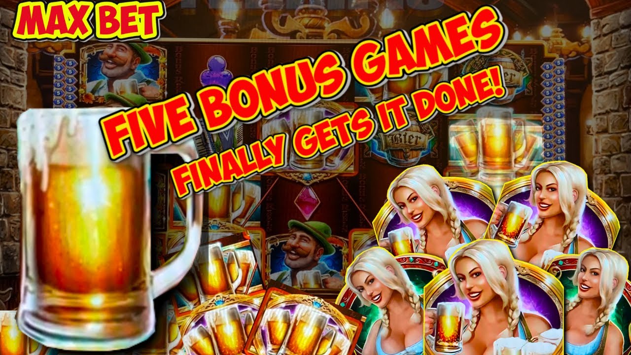 FIVE MAX BET BONUS GAMES DOUBLE UP WIN on Bier Haus Slot Machine!  WMS Classic MAX BET Live Play
