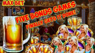FIVE MAX BET BONUS GAMES DOUBLE UP WIN on Bier Haus Slot Machine!  WMS Classic MAX BET Live Play screenshot 4