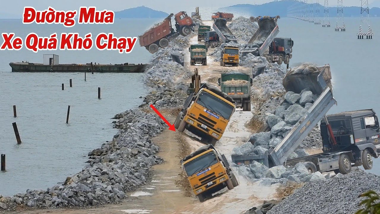 Xe Ben Đổ Đá Làm Đường Vượt Biển Hà Tiên, Gặp Trời Mưa Đường Lún Xe Rất Khó Chạy. 