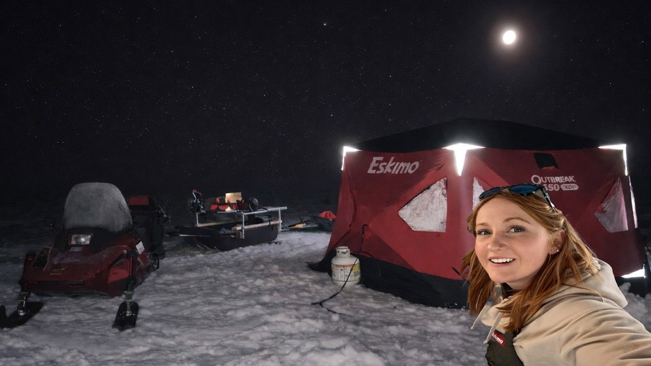 Girls Ice Camping on Lake Erie | Overnight Ice Fishing & Catch and Cook