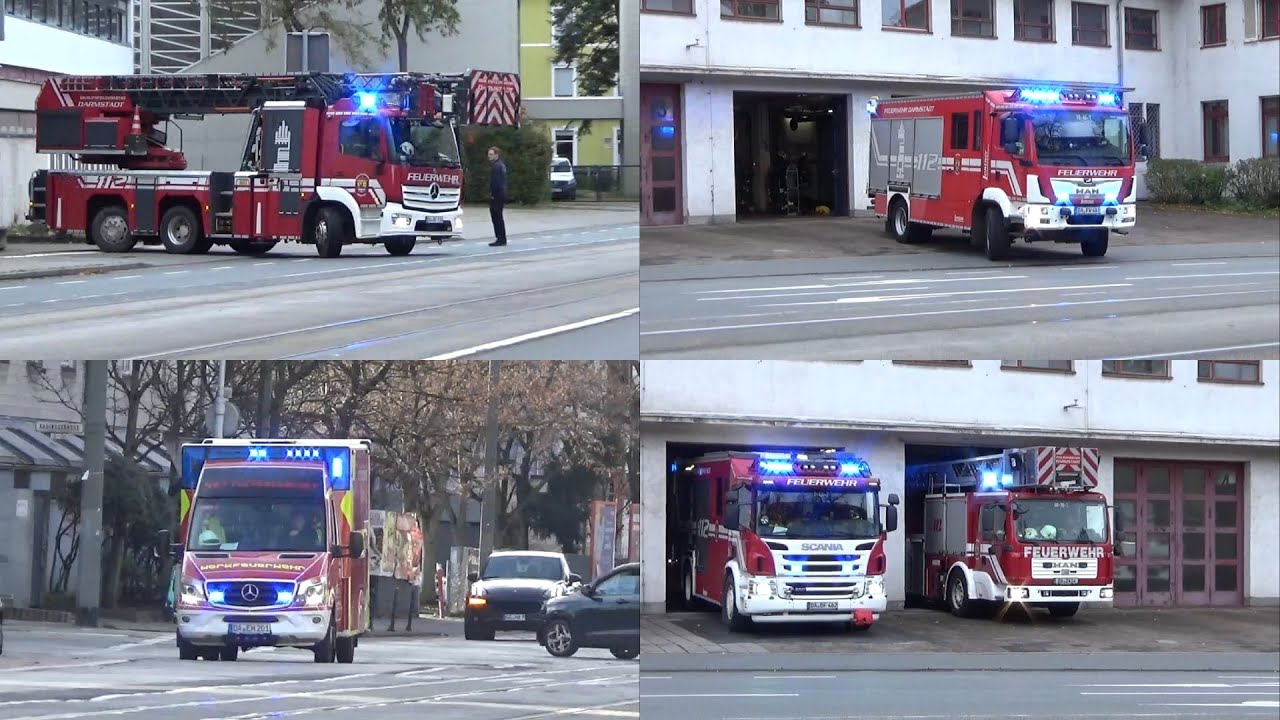 (Wachbesetztung durch FF mit DLk&HLF) EInsatzfahrten Feuerwehr Darmstadt
