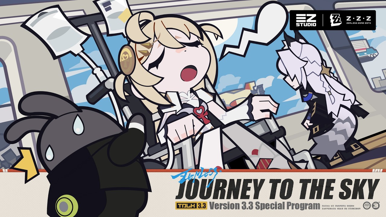 Chibi-style official art of Phoenix slumped asleep in a seat beside Severian and a worried Bangboo, with the Journey to the Sky title