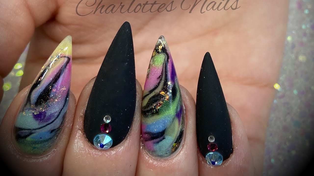 Acrylic nails - black design set with marbling