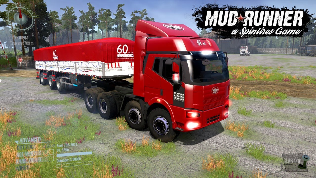 Spintires MudRunner _Long Truck With Two Trailers Of Logs Driving Uphill