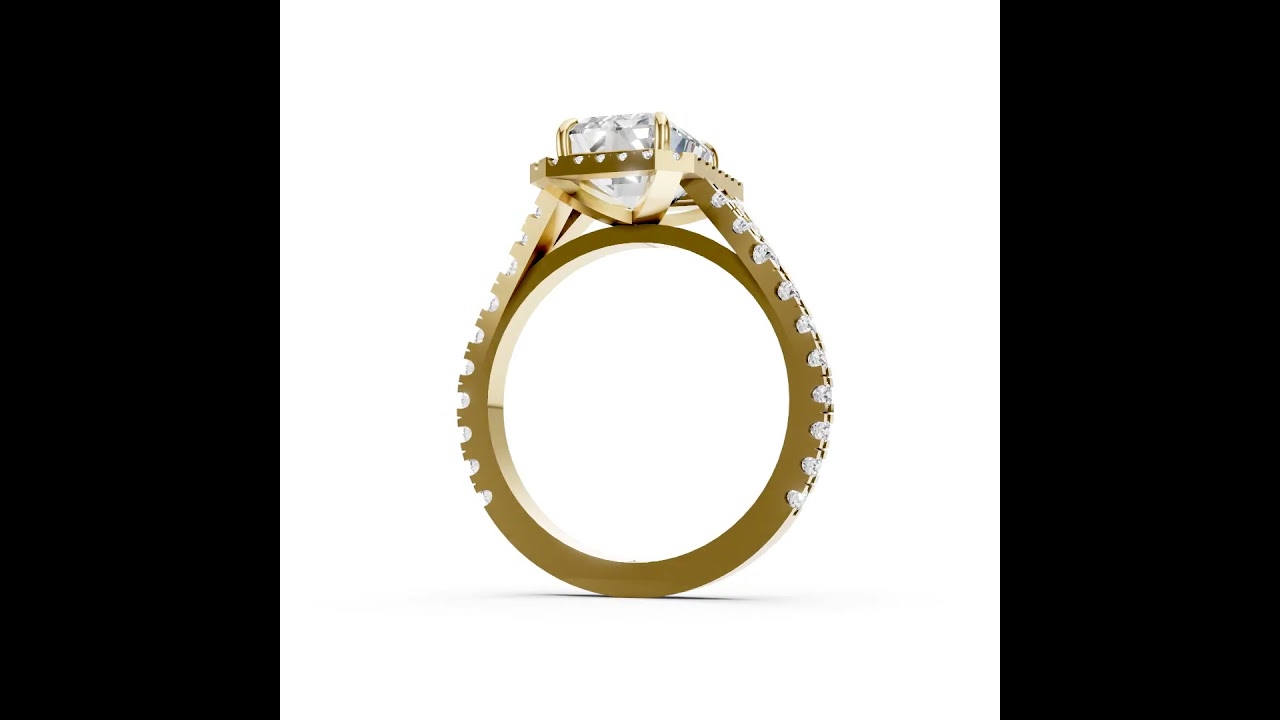 Emerald Cut Halo & V-Split Shank Pavé Diamond Ring