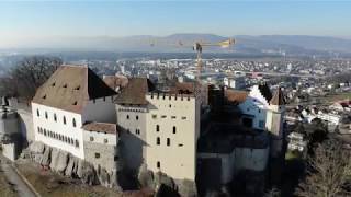 Flying over Castle Lenzburg Switzerland 4k
