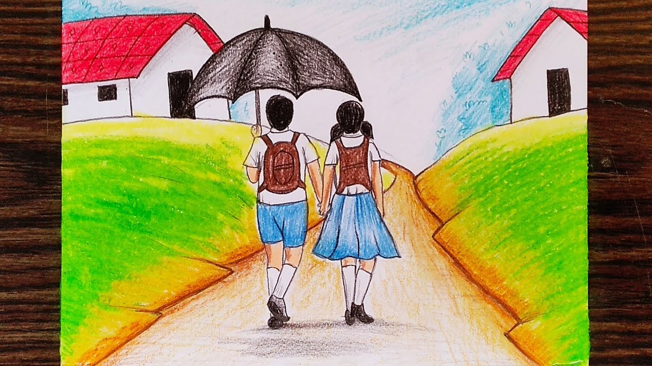 How To Draw A Boy And A Girl Going To School Scenery Step By Step|Easy  Scenery Drawing Tutorial - Youtube