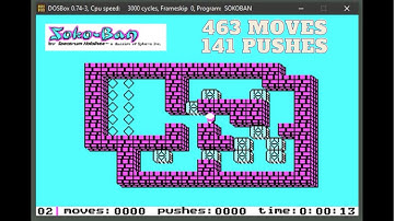 Soko-Ban Level 2 move-optimal (463 moves, 141 pushes) - SokoBan Floor 2 - IBM PC CGA - 1984