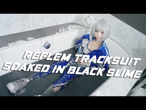 Messy & Wetlook Asian E-Girl Bathing In Black Slime Trashing Her Tracksuit, Gymsuit & FILA Sneakers