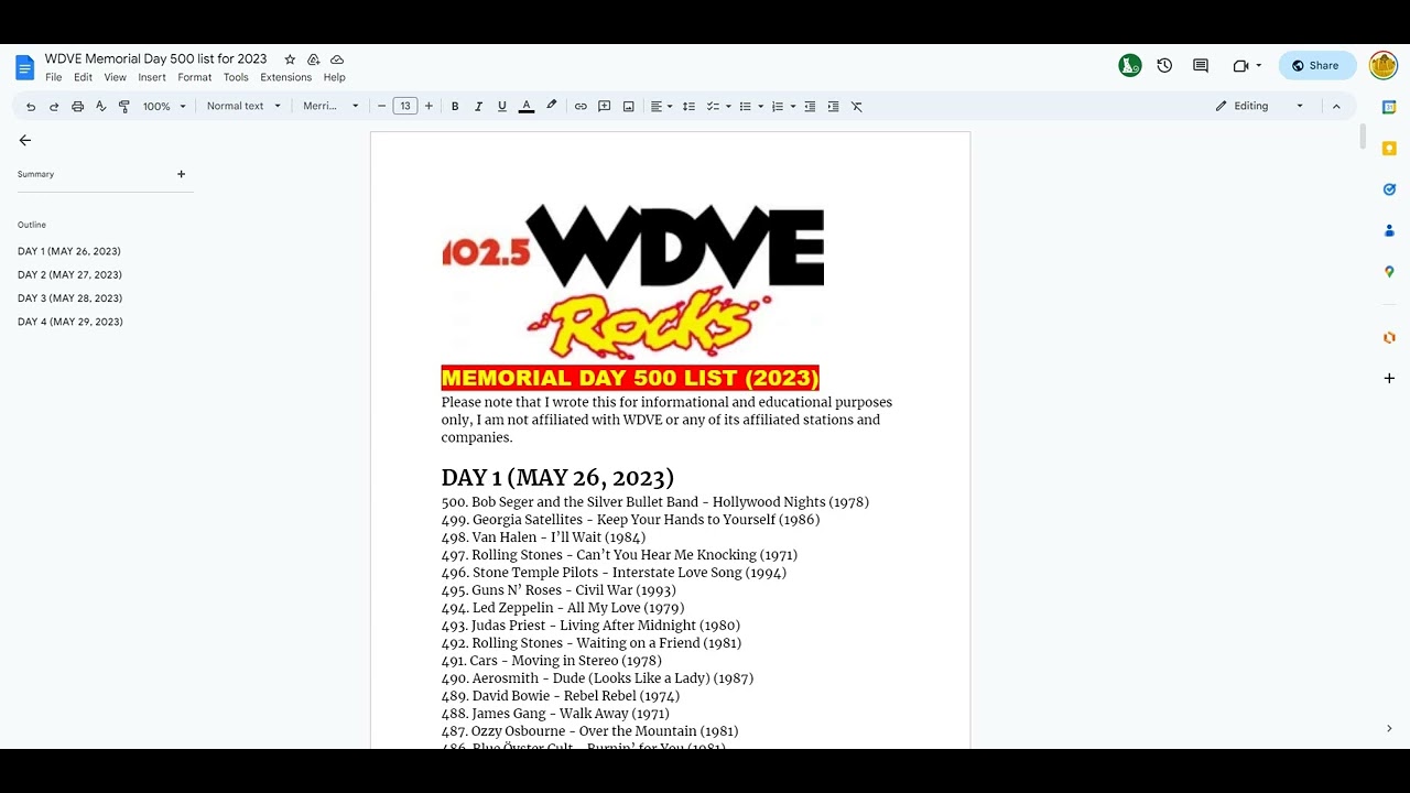 I wrote down the entire WDVE Memorial Day 500 list for 2023 YouTube