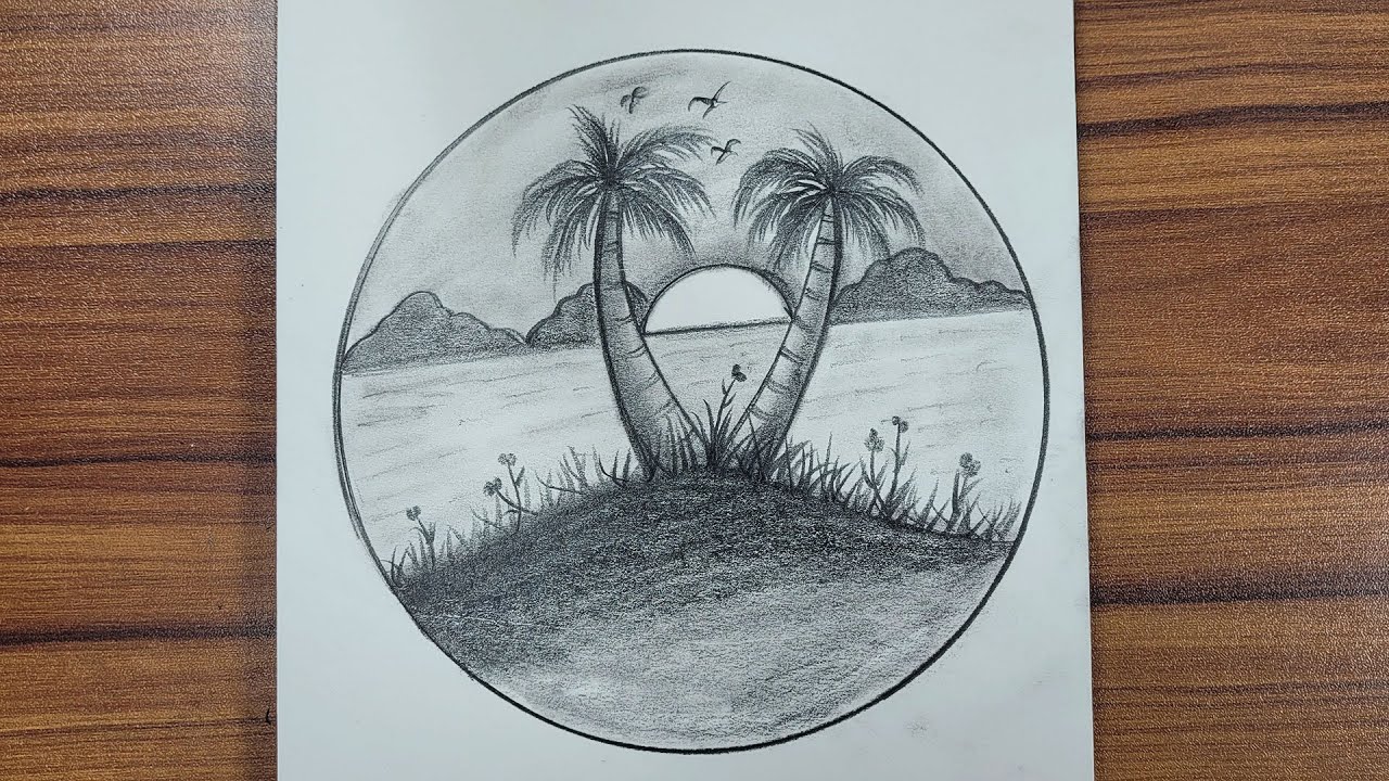 How To Draw Easy Scenery For Beginners || Pencil Drawing In Circle Easy ...