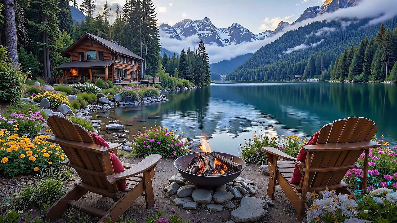 Soothing Spring Piano Music 🌺️🔥 Relaxing Fireplace Ambience lakeside Cabin in Woods
