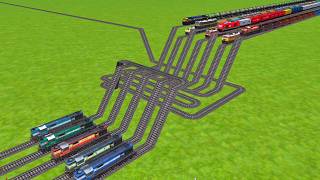 5 LOCOMOTIVE TRAINS COUPLING FROM DIAMOND RAILROAD TRACKS ZIG ZAG TRACKS || trains Crossing