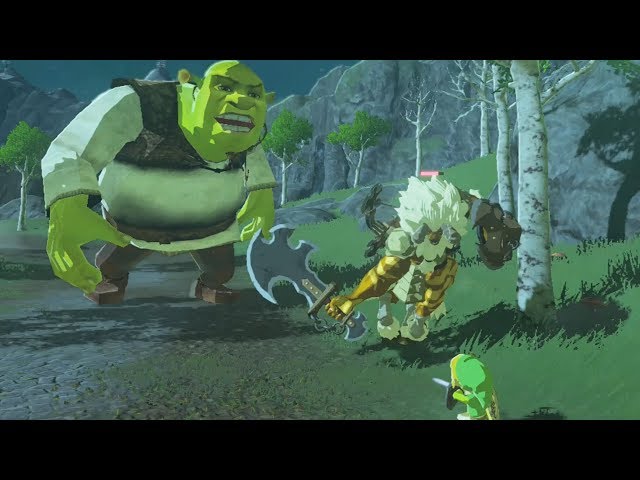 Link fighting against shrek at hyrule field in the legend of zelda