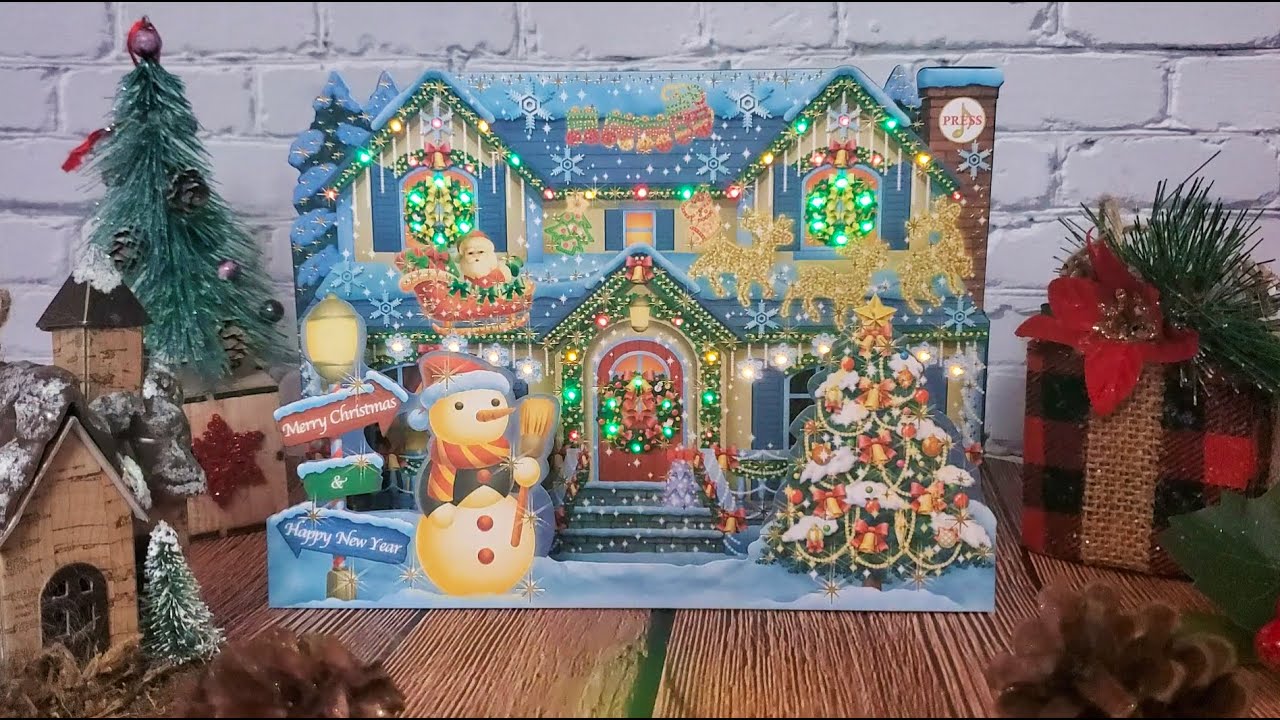 Illuminated Christmas Home Lights and Music Pop Up Card Plays 6