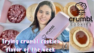 Trying CRUMBL COOKIES flavors of the week🍪 red velvet Boston cream 🍪 chocolate chip🍪caramel
