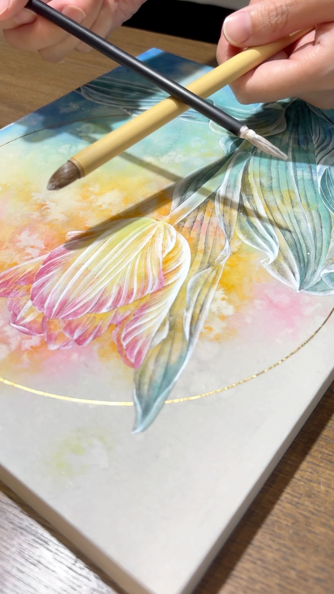 日本画】虹の中で咲くチューリップを描く。ー作業音入りメイキングー