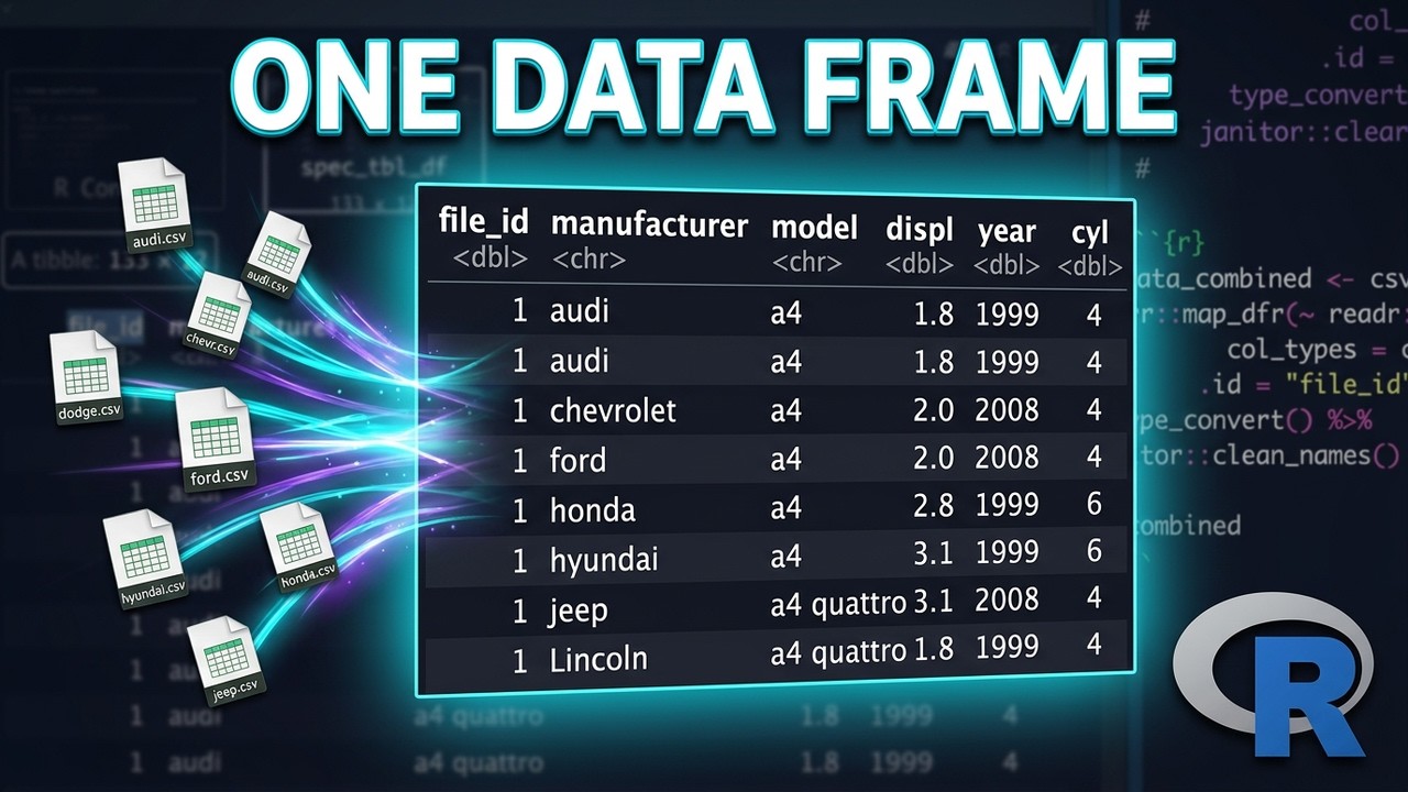 Combine multiple CSV files into one data frame with R - YouTube