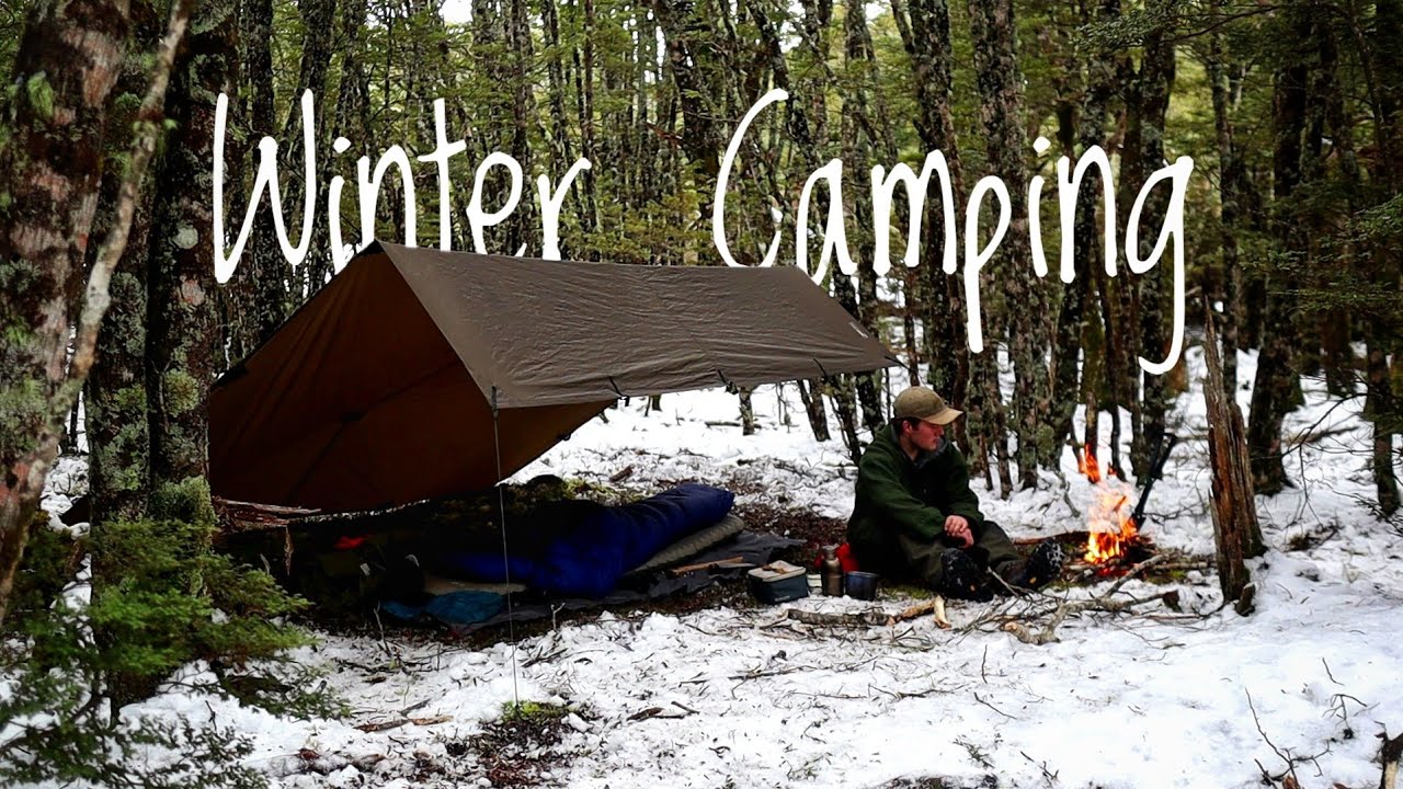Solo Winter Camping Under a Tarp Bushcraft Overnight in the Snow
