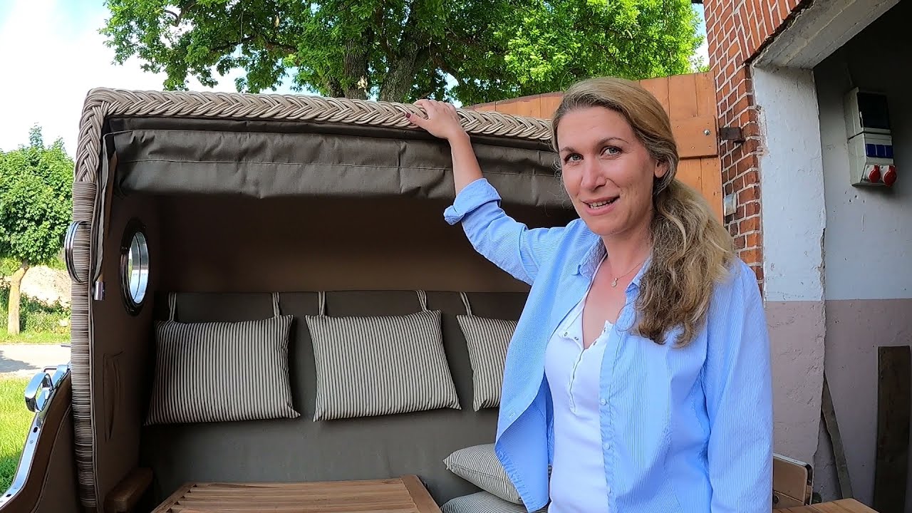 Strandkorb Test: Luxus Strandkorb Baltikum XXL, Dreisitzer Teak mit Bullauge