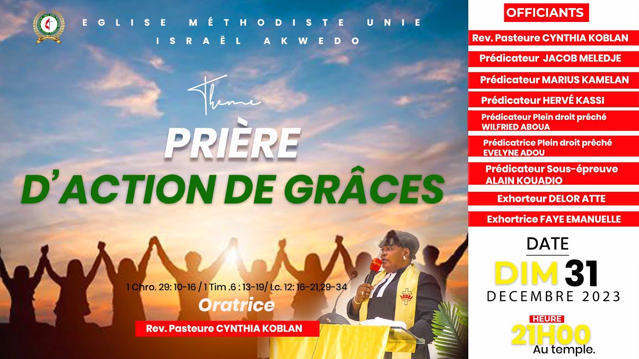 PRIÈRE D'ACTION DE GRÂCES - Dimanche 31 Décembre 2023 - Culte de la ...
