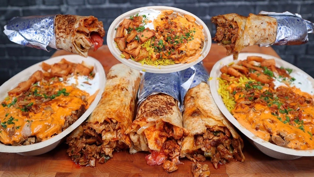 (ASMR) HABANERO CHICKEN SHAWARMA, BUTTER CHICKEN WRAPS, AND HABIBI BOWL MUKBANG