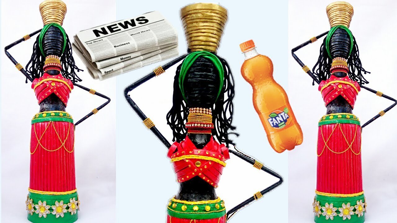 Newspaper doll with Plastic can | Art from Waste