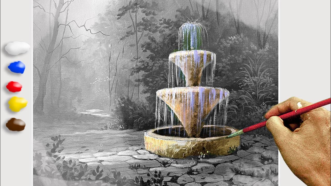 How to Paint Fountain in the Forest in Acrylics / Timelapse