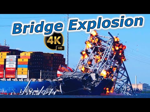 NEW Angles 4K Video Closeups Key Bridge Blast Dali Ship