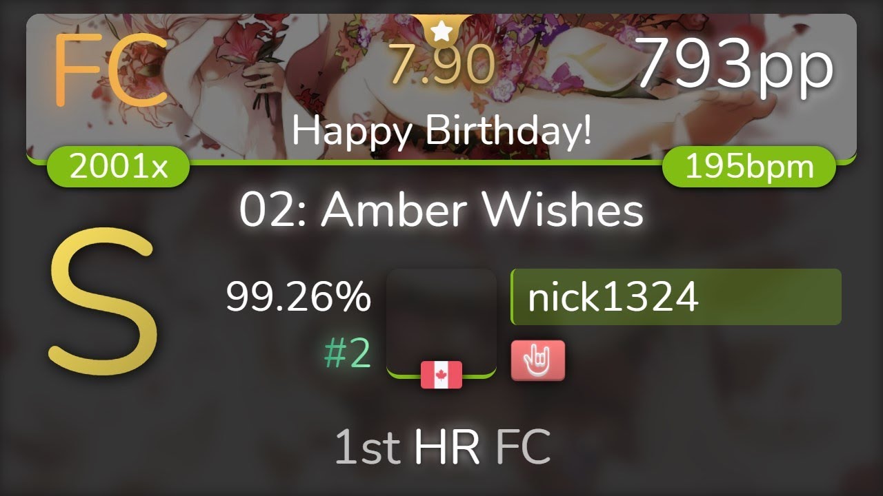 [Live] nick1324 | Ice - 02: Amber Wishes [Happy Birthday!] 1st +HR FC 99.26% {#2 793pp FC} - osu!