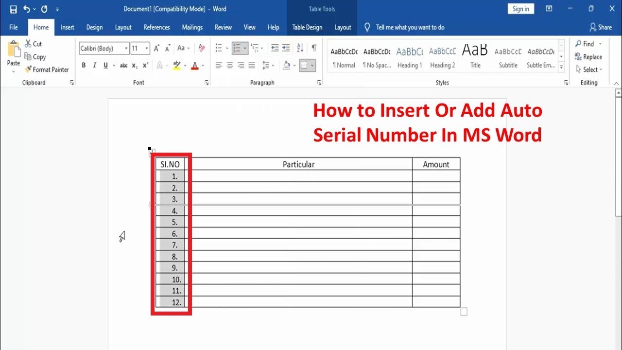 How to Insert Or Add Auto Serial Number In MS Word - YouTube