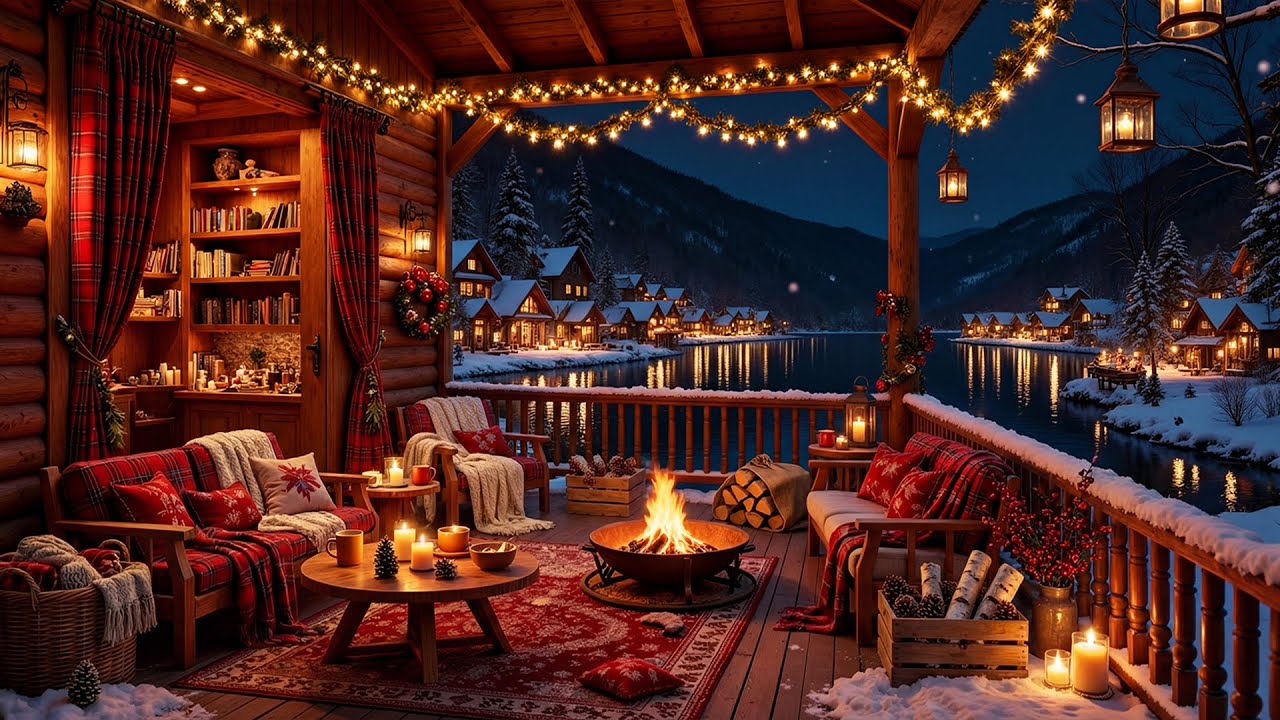 Peaceful Snowy Cabin Night ⛄ Relaxing Piano Music & Crackling Fireplace for Rest and Focus