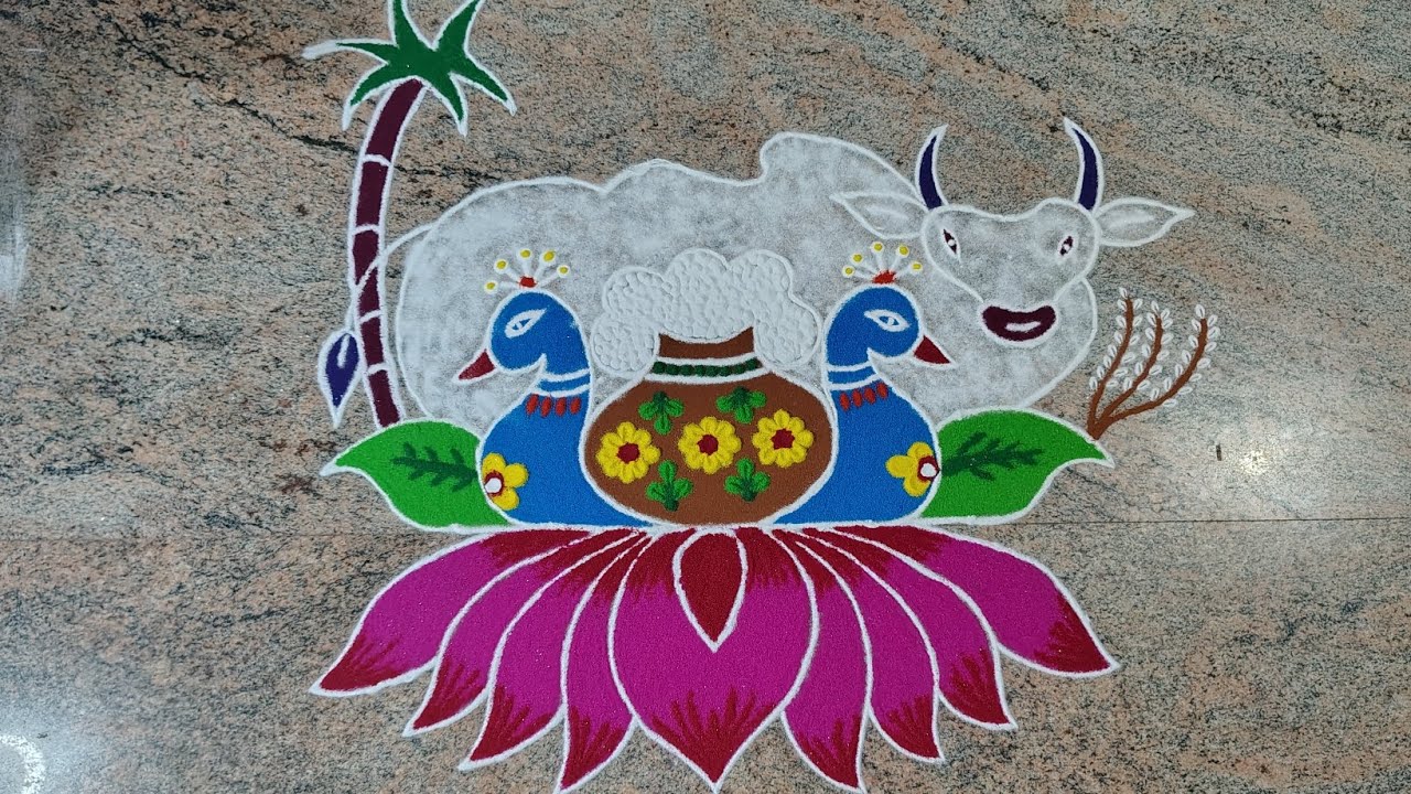 Pongal pot Rangoli design,# Sankranthi Rangoli, colourful Rangoli design.