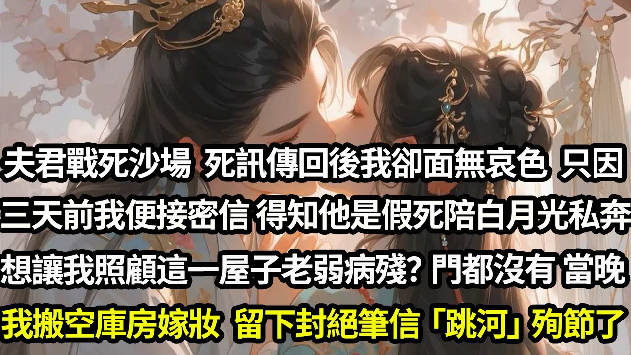 夫君戰死沙場 死訊傳回後我卻面無哀色，只因三天前我便接密信，得知他是假死陪白月光私奔，想讓我照顧這一屋子的老弱病殘？門都沒有。當晚我搬空庫房所有嫁妝，留下一封絕筆信，「跳河」殉節了。#愛情#完結