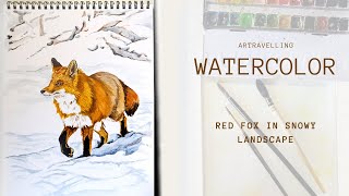 Watercolor: Red fox in snowy landscape (relaxing music)